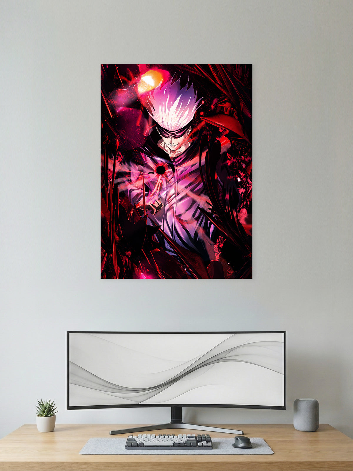 Premium Jujutsu Kaisen anime poster featuring Satoru Gojo using Hollow Purple with intense crimson cursed energy, perfect for bedrooms, gaming rooms, study spaces, offices, and anime wall decor.