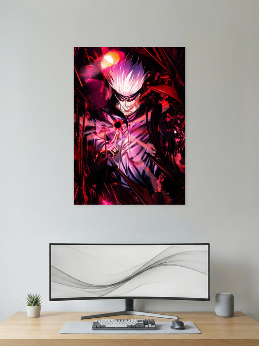 Premium Jujutsu Kaisen anime poster featuring Satoru Gojo using Hollow Purple with intense crimson cursed energy, perfect for bedrooms, gaming rooms, study spaces, offices, and anime wall decor.