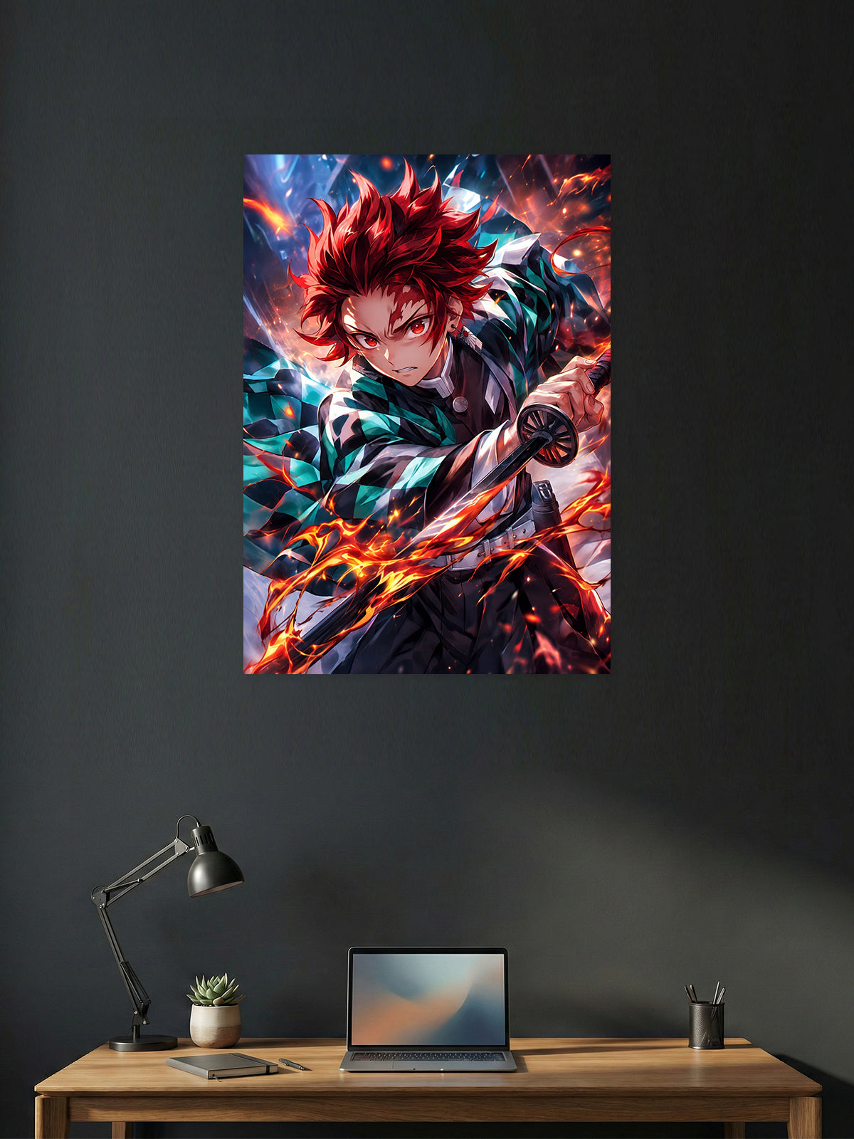 Premium Demon Slayer anime poster featuring Tanjiro Kamado performing Hinokami Kagura with fiery sword effects, perfect for bedrooms, gaming rooms, study spaces, offices, and anime wall decor.