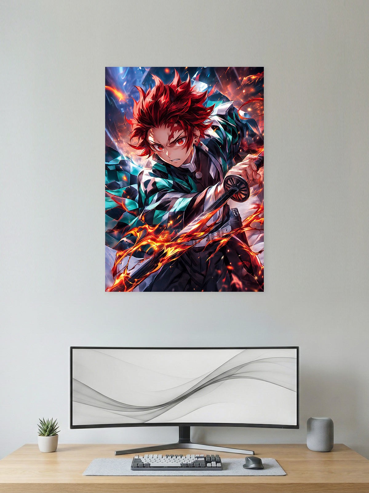 Premium Demon Slayer anime poster featuring Tanjiro Kamado performing Hinokami Kagura with fiery sword effects, perfect for bedrooms, gaming rooms, study spaces, offices, and anime wall decor.