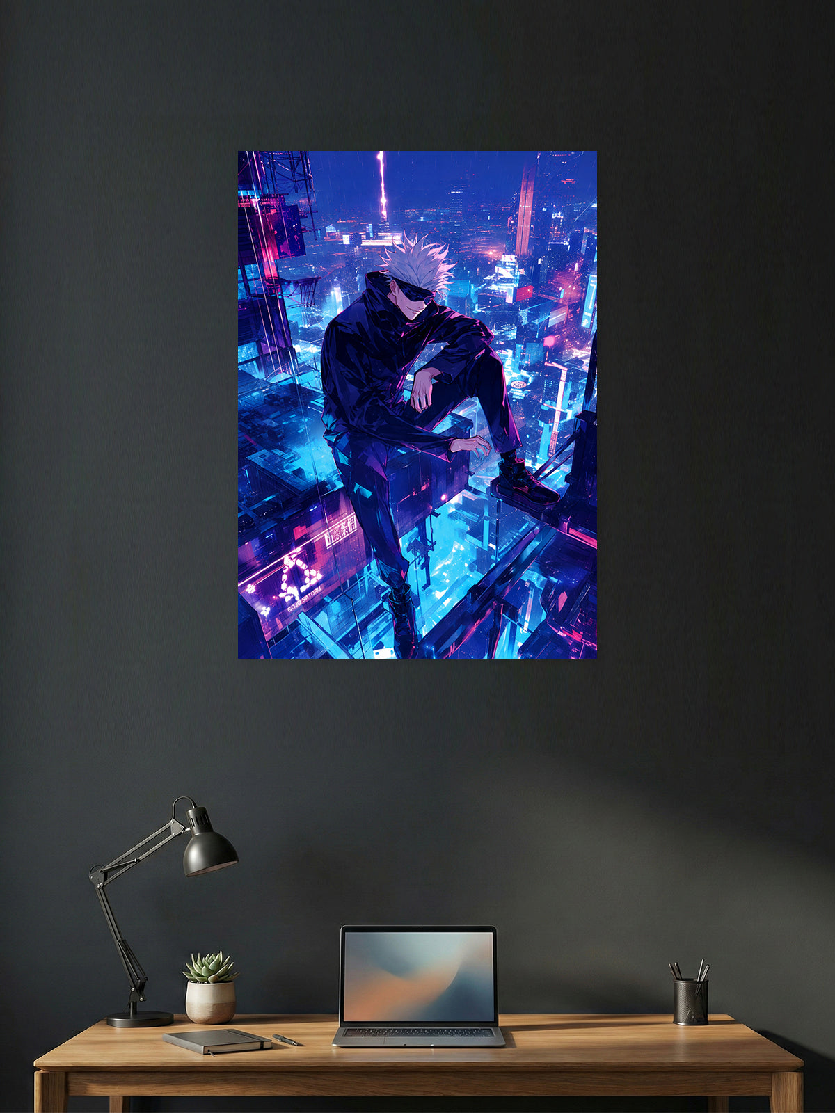 Premium Jujutsu Kaisen anime poster featuring Satoru Gojo sitting above a futuristic cyberpunk city with vibrant blue and purple neon lights, perfect for gaming rooms, bedrooms, offices, and anime wall decor.