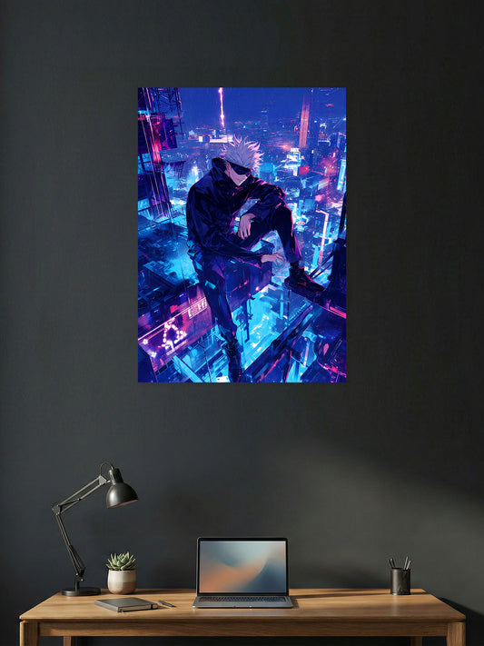 Premium Jujutsu Kaisen anime poster featuring Satoru Gojo sitting above a futuristic cyberpunk city with vibrant blue and purple neon lights, perfect for gaming rooms, bedrooms, offices, and anime wall decor.