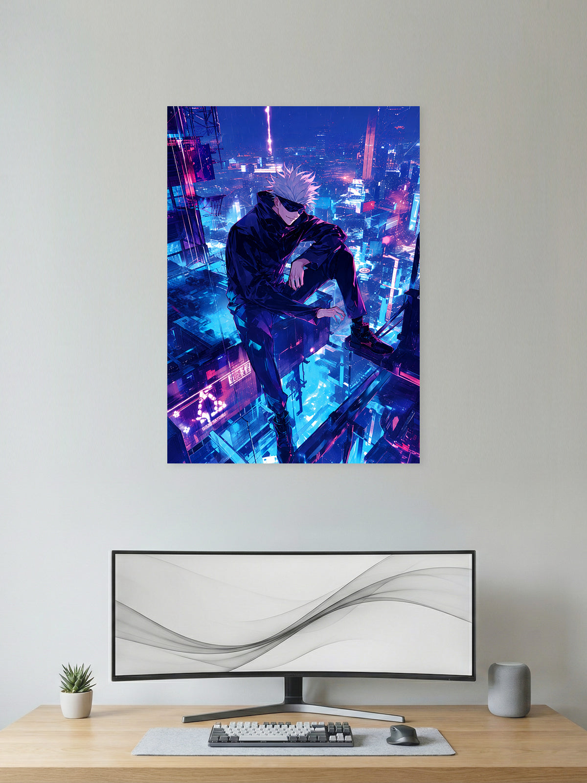 Premium Jujutsu Kaisen anime poster featuring Satoru Gojo sitting above a futuristic cyberpunk city with vibrant blue and purple neon lights, perfect for gaming rooms, bedrooms, offices, and anime wall decor.