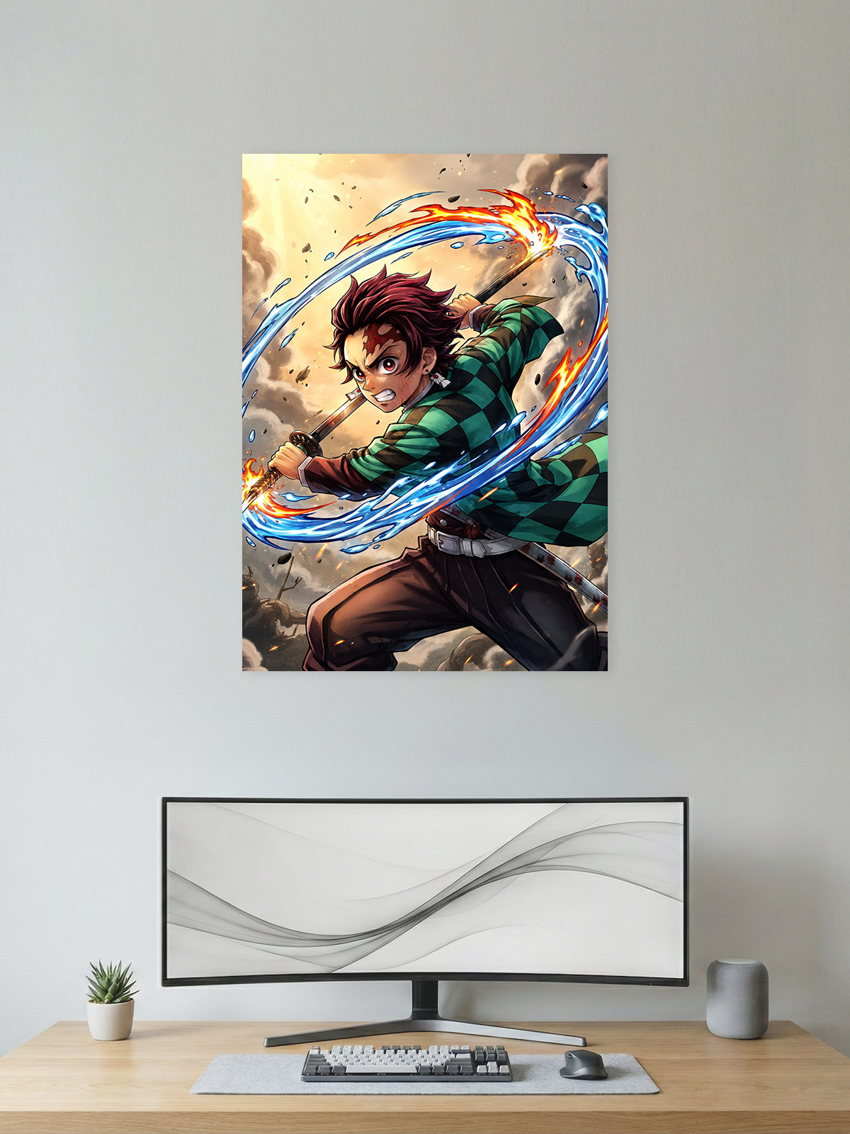 Premium Demon Slayer anime poster featuring Tanjiro Kamado performing Water and Flame Breathing sword techniques with dynamic blue water and blazing fire effects, ideal for anime wall décor and gaming room decoration.