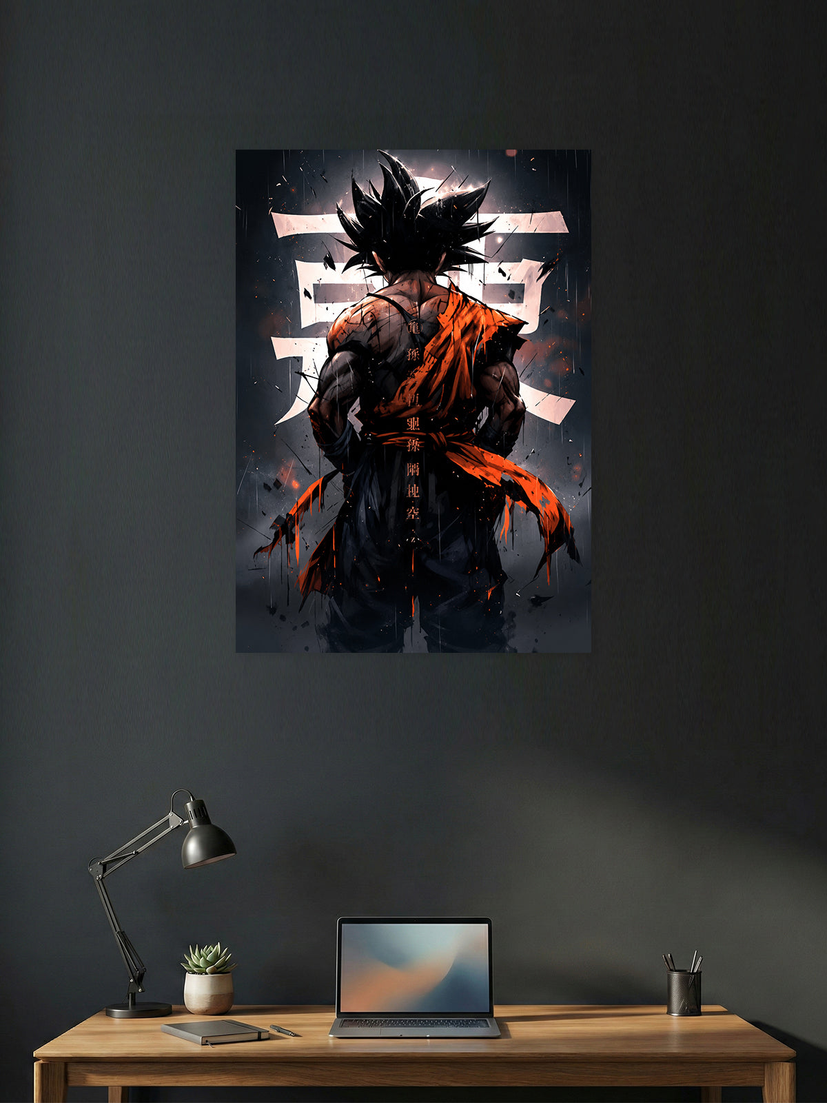 Premium Dragon Ball anime poster featuring Son Goku from the back in a battle-worn orange gi against a dramatic Japanese-inspired background, perfect for anime wall décor, gaming rooms, and collectors.