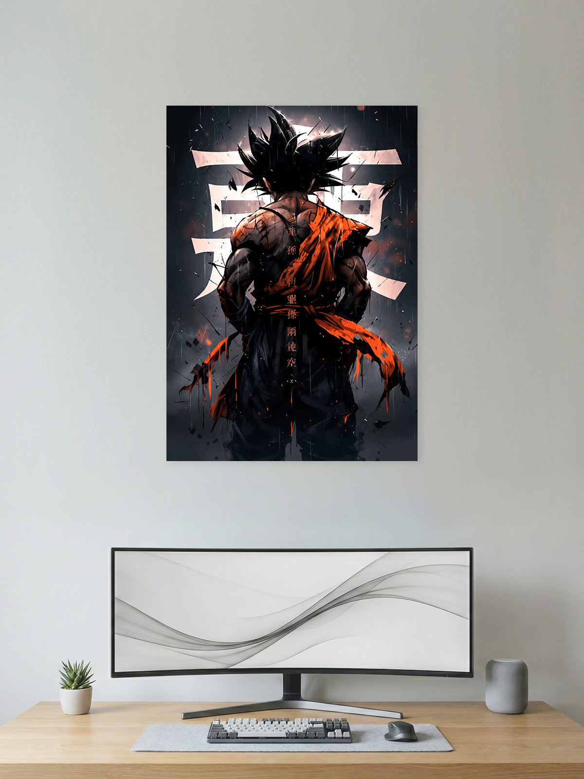 Premium Dragon Ball anime poster featuring Son Goku from the back in a battle-worn orange gi against a dramatic Japanese-inspired background, perfect for anime wall décor, gaming rooms, and collectors.