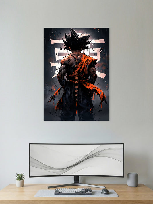 Premium Dragon Ball anime poster featuring Son Goku from the back in a battle-worn orange gi against a dramatic Japanese-inspired background, perfect for anime wall décor, gaming rooms, and collectors.