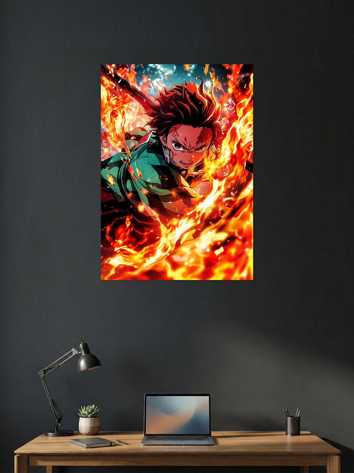 Premium Demon Slayer anime poster featuring Tanjiro Kamado unleashing a blazing Flame Breathing sword attack with intense fire effects, perfect for anime wall décor, gaming rooms, and collectors.