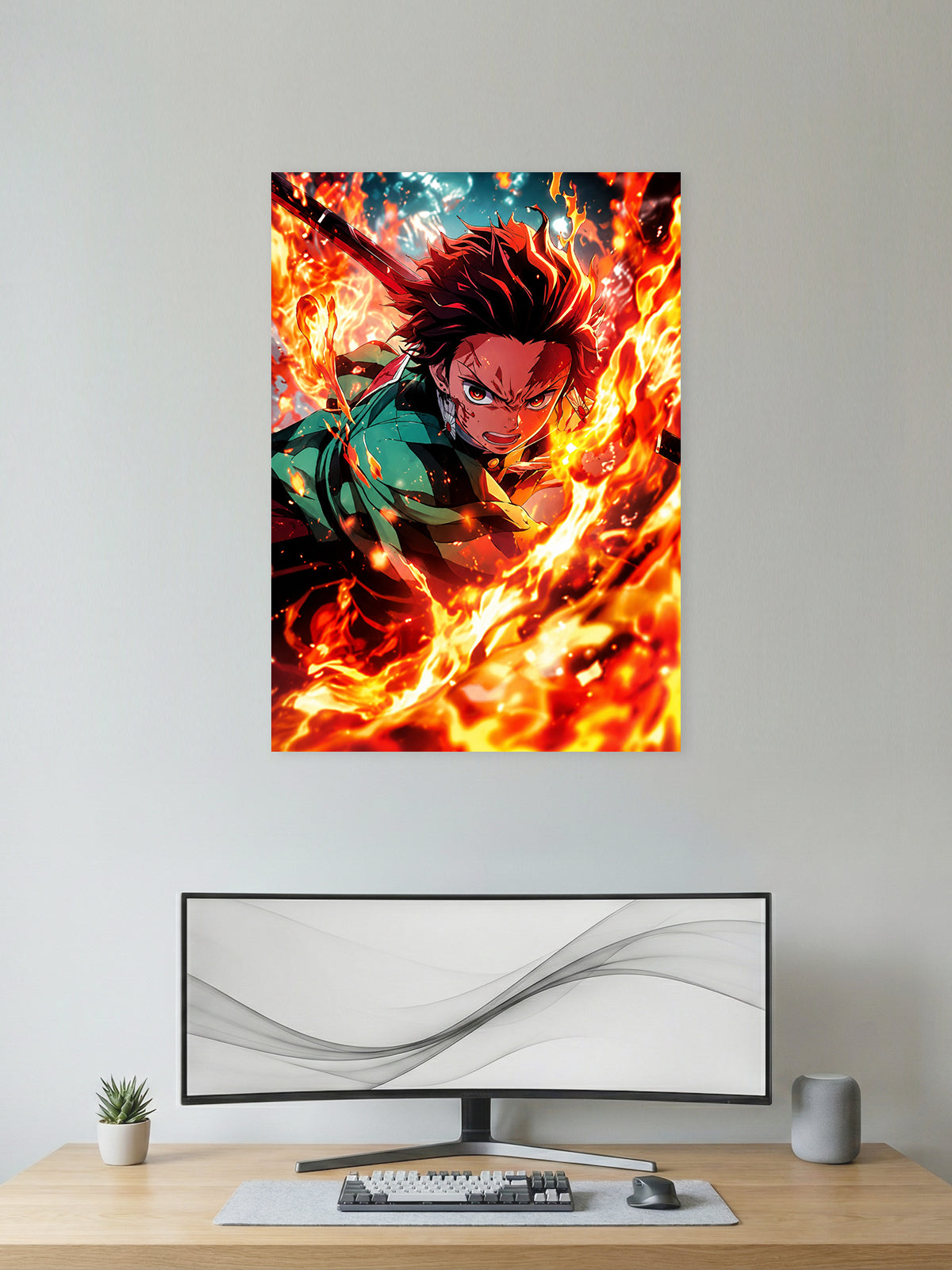 Premium Demon Slayer anime poster featuring Tanjiro Kamado unleashing a blazing Flame Breathing sword attack with intense fire effects, perfect for anime wall décor, gaming rooms, and collectors.