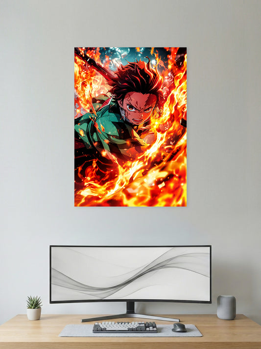 Premium Demon Slayer anime poster featuring Tanjiro Kamado unleashing a blazing Flame Breathing sword attack with intense fire effects, perfect for anime wall décor, gaming rooms, and collectors.