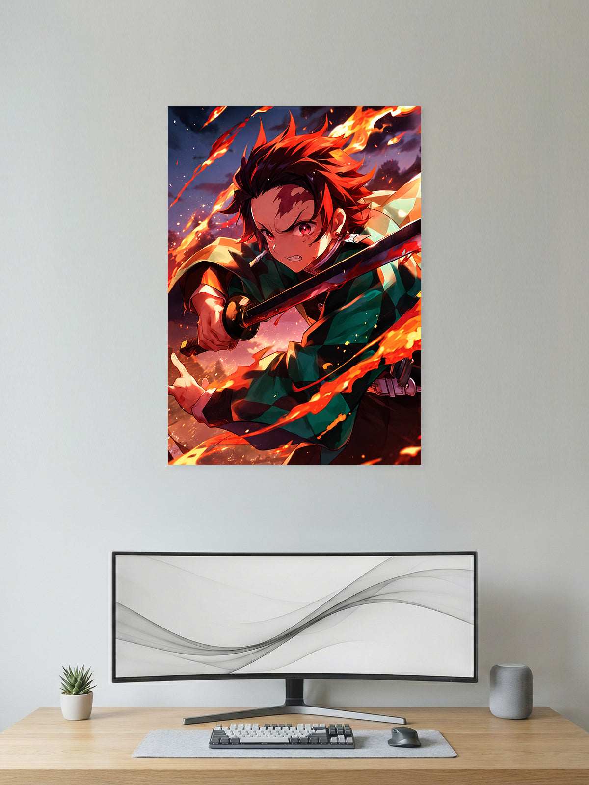 Premium Demon Slayer anime poster featuring Tanjiro Kamado wielding his Nichirin sword with blazing fire effects, creating an intense action scene perfect for anime wall décor, gaming rooms, and collectors.