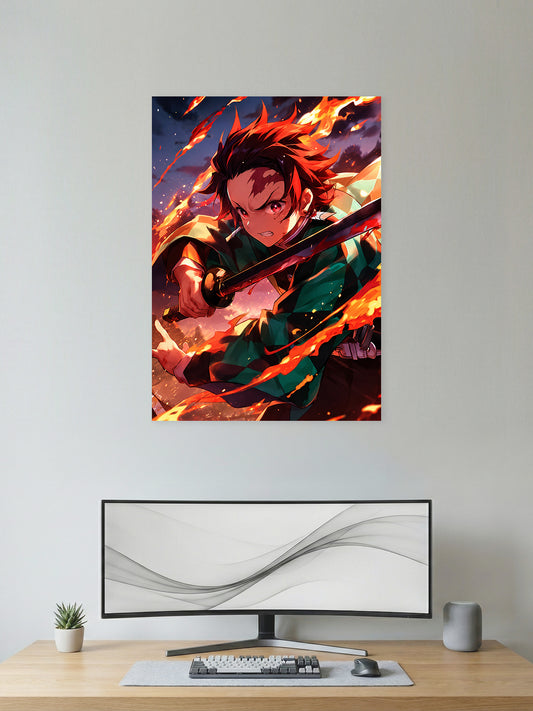 Premium Demon Slayer anime poster featuring Tanjiro Kamado wielding his Nichirin sword with blazing fire effects, creating an intense action scene perfect for anime wall décor, gaming rooms, and collectors.