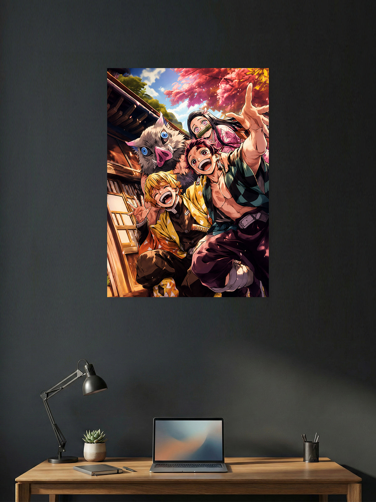 Premium Demon Slayer anime poster featuring Tanjiro Kamado, Nezuko Kamado, Zenitsu Agatsuma, and Inosuke Hashibira posing together in a cheerful selfie scene, perfect for anime wall décor, gaming rooms, and collectors.