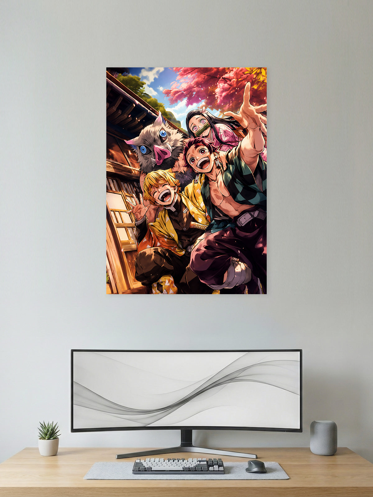 Premium Demon Slayer anime poster featuring Tanjiro Kamado, Nezuko Kamado, Zenitsu Agatsuma, and Inosuke Hashibira posing together in a cheerful selfie scene, perfect for anime wall décor, gaming rooms, and collectors.
