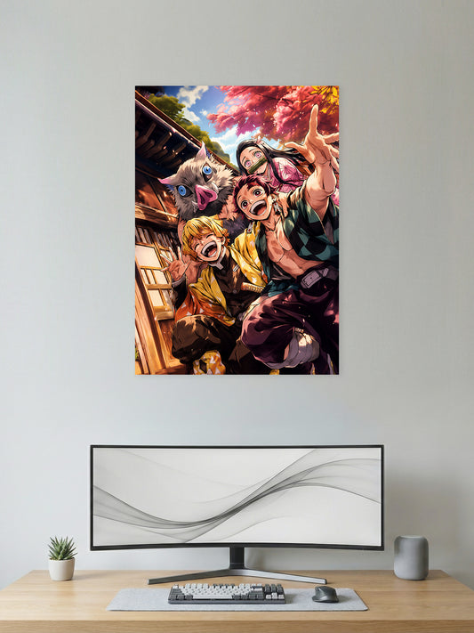 Premium Demon Slayer anime poster featuring Tanjiro Kamado, Nezuko Kamado, Zenitsu Agatsuma, and Inosuke Hashibira posing together in a cheerful selfie scene, perfect for anime wall décor, gaming rooms, and collectors.