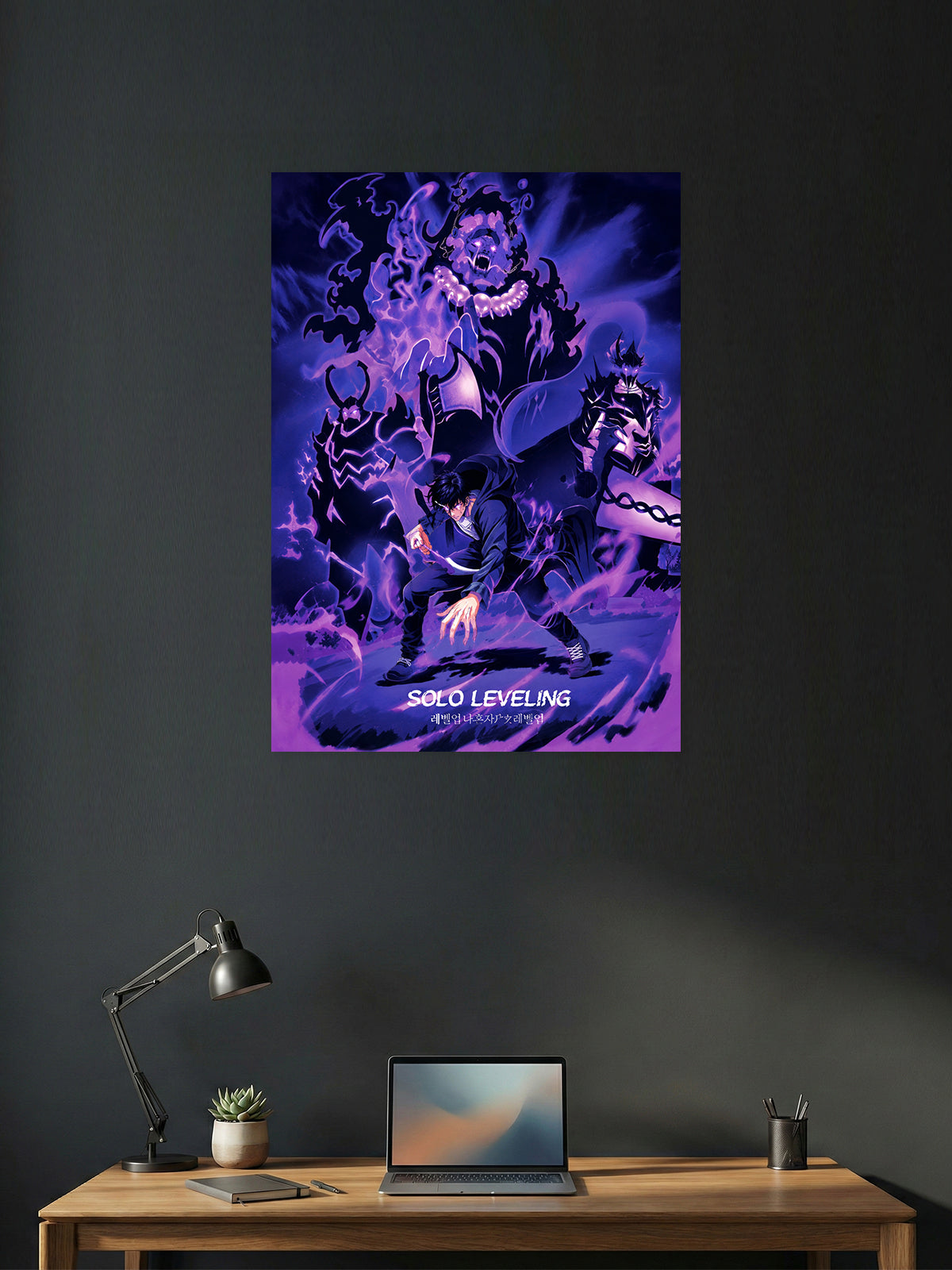 Premium Solo Leveling anime poster featuring Sung Jin-Woo surrounded by his shadow army with glowing purple aura, perfect for gaming room décor, anime collections, and modern wall art.