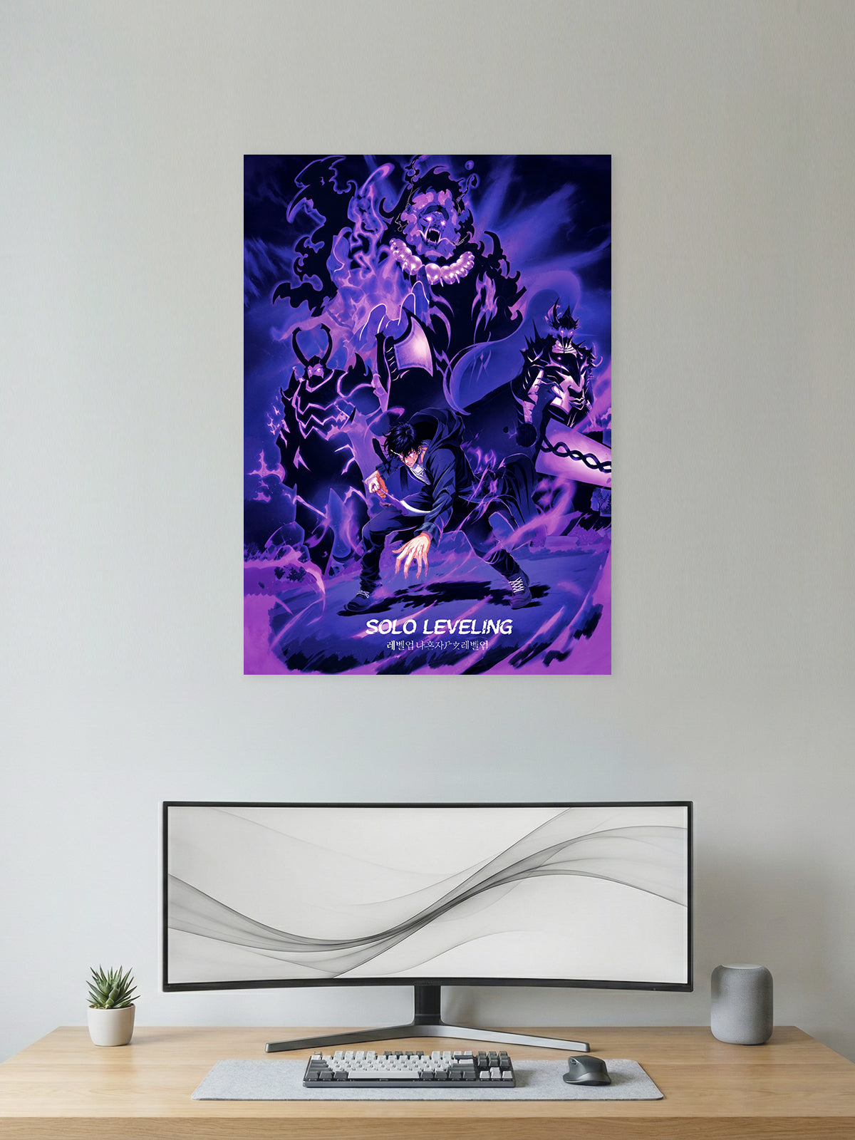 Premium Solo Leveling anime poster featuring Sung Jin-Woo surrounded by his shadow army with glowing purple aura, perfect for gaming room décor, anime collections, and modern wall art.