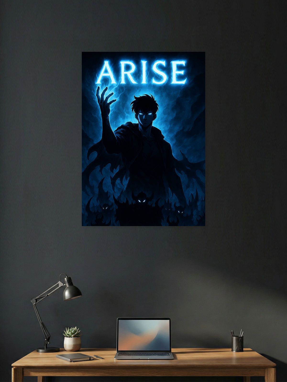 Premium Solo Leveling ARISE anime poster featuring Sung Jin-Woo with glowing blue eyes summoning his shadow army, ideal for gaming room décor, anime collections, and modern wall art.