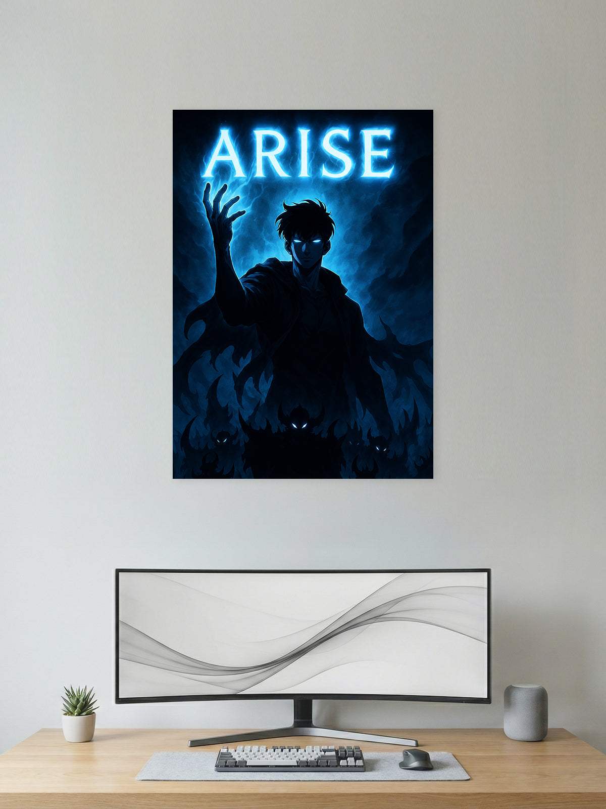 Premium Solo Leveling ARISE anime poster featuring Sung Jin-Woo with glowing blue eyes summoning his shadow army, ideal for gaming room décor, anime collections, and modern wall art.