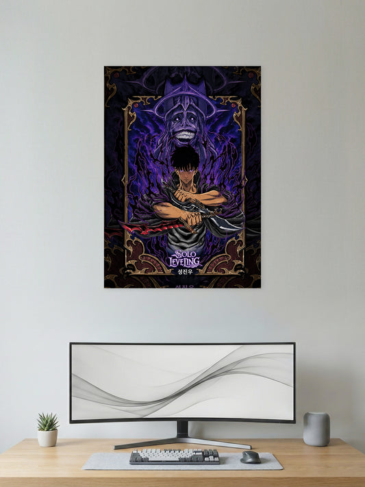 Premium Solo Leveling anime poster featuring Sung Jin-Woo holding his signature dagger with the Shadow Monarch behind him in a dark purple gothic design, perfect for gaming room décor, anime collections, and modern wall art.