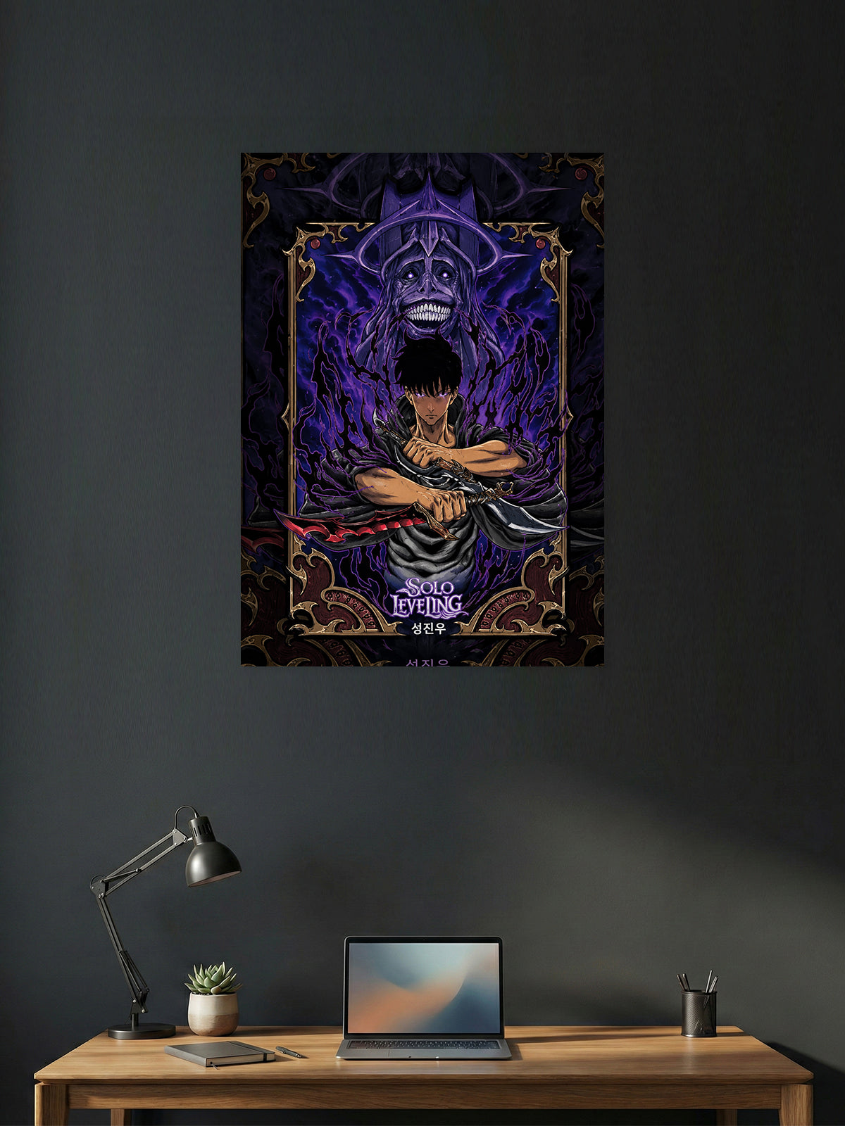 Premium Solo Leveling anime poster featuring Sung Jin-Woo holding his signature dagger with the Shadow Monarch behind him in a dark purple gothic design, perfect for gaming room décor, anime collections, and modern wall art.