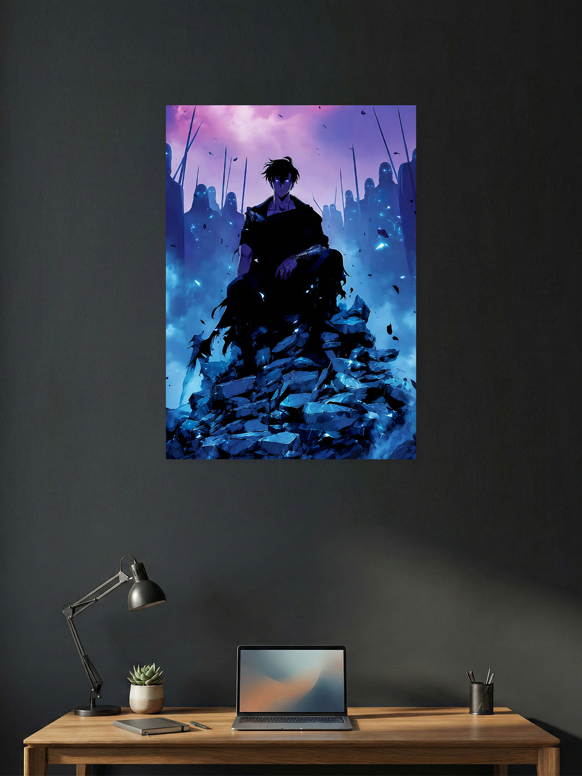 Premium Solo Leveling anime poster featuring Sung Jin-Woo seated on shattered stone with the Shadow Army standing behind him in a glowing blue battlefield, perfect for gaming room décor, anime collections, and modern wall art.
