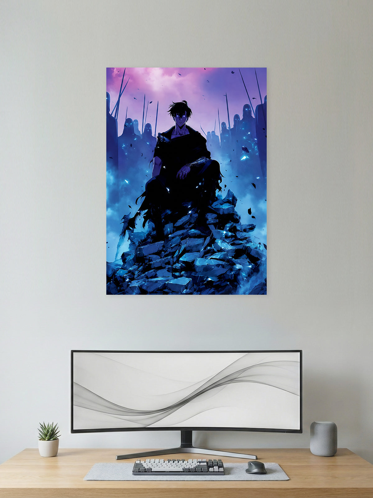 Premium Solo Leveling anime poster featuring Sung Jin-Woo seated on shattered stone with the Shadow Army standing behind him in a glowing blue battlefield, perfect for gaming room décor, anime collections, and modern wall art.