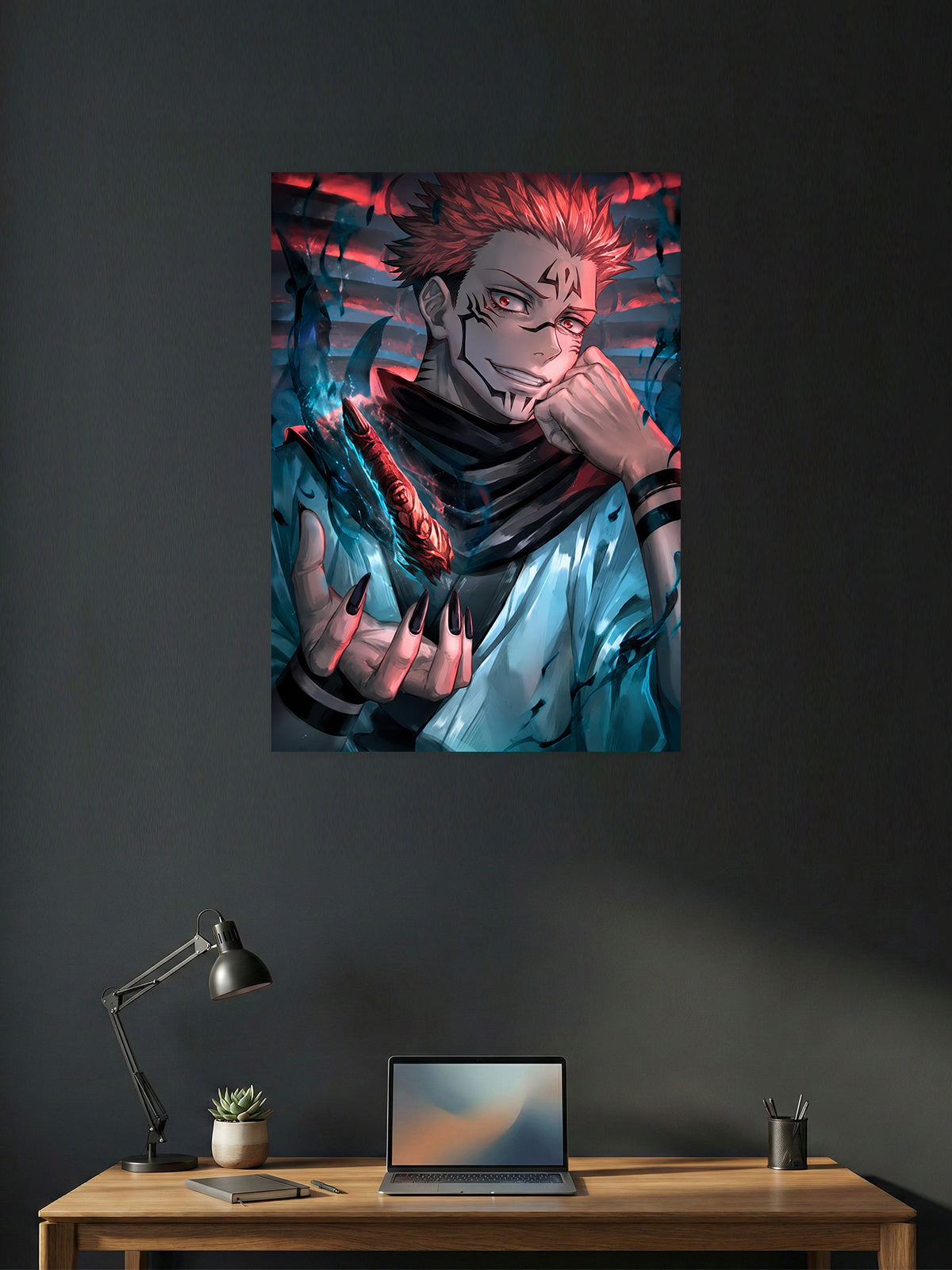Premium Jujutsu Kaisen anime poster featuring Ryomen Sukuna with glowing red eyes, cursed markings, and dark cursed energy, perfect for gaming room décor, anime collections, and modern wall art.