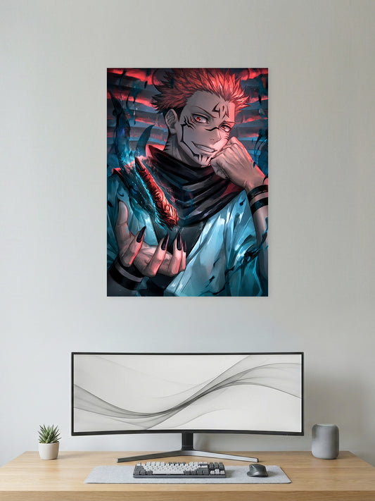 Premium Jujutsu Kaisen anime poster featuring Ryomen Sukuna with glowing red eyes, cursed markings, and dark cursed energy, perfect for gaming room décor, anime collections, and modern wall art.