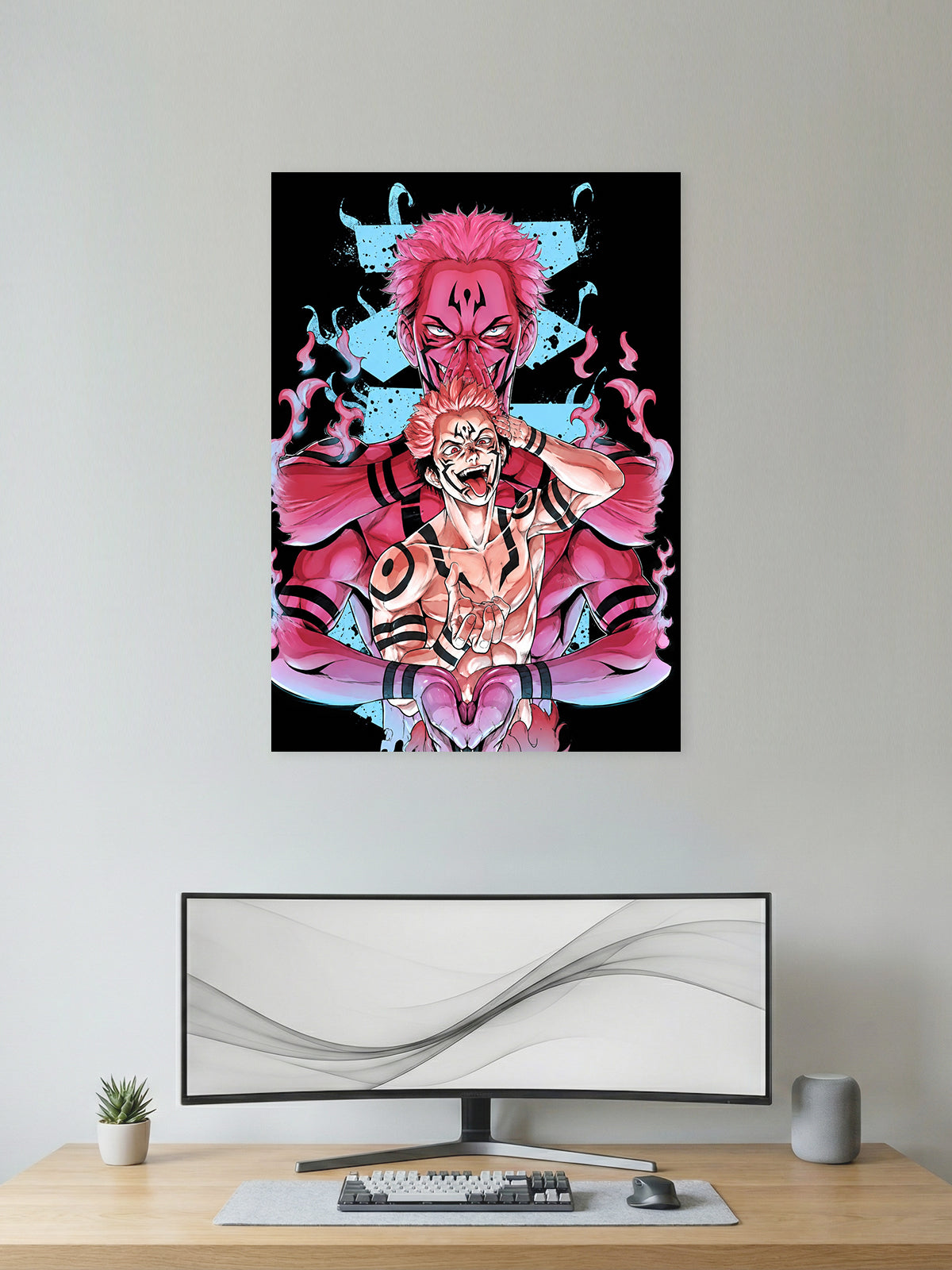 Premium Jujutsu Kaisen anime poster featuring Ryomen Sukuna in dual form with cursed markings, pink flames, and bold manga-inspired artwork, ideal for gaming room décor and anime wall art.