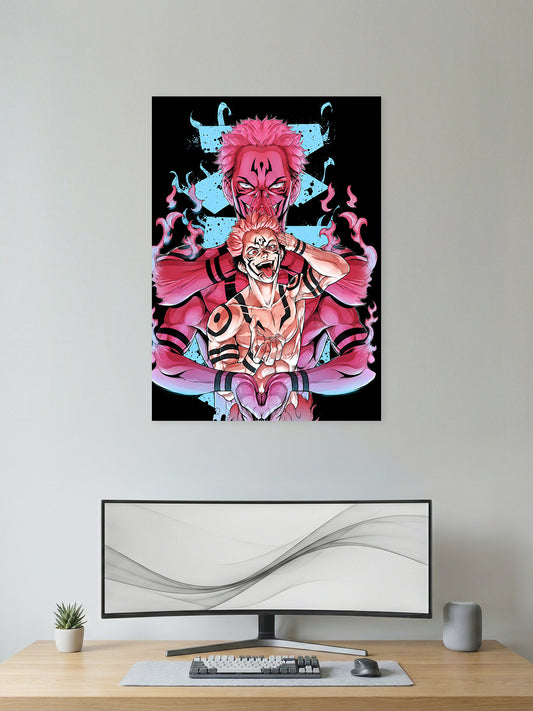 Premium Jujutsu Kaisen anime poster featuring Ryomen Sukuna in dual form with cursed markings, pink flames, and bold manga-inspired artwork, ideal for gaming room décor and anime wall art.