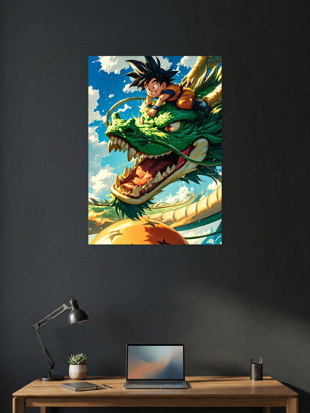 Premium Dragon Ball anime poster featuring Kid Goku riding Shenron with the Dragon Balls against a bright blue sky, printed in vibrant HD quality for anime wall décor and gaming room decoration.