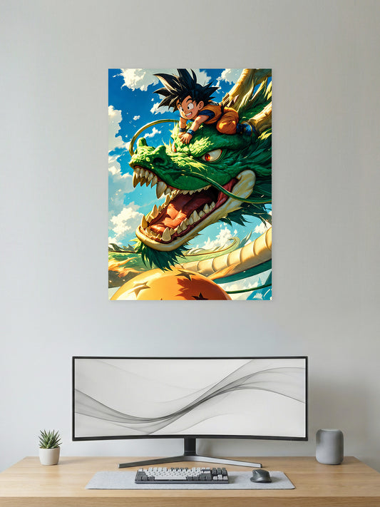 Premium Dragon Ball anime poster featuring Kid Goku riding Shenron with the Dragon Balls against a bright blue sky, printed in vibrant HD quality for anime wall décor and gaming room decoration.