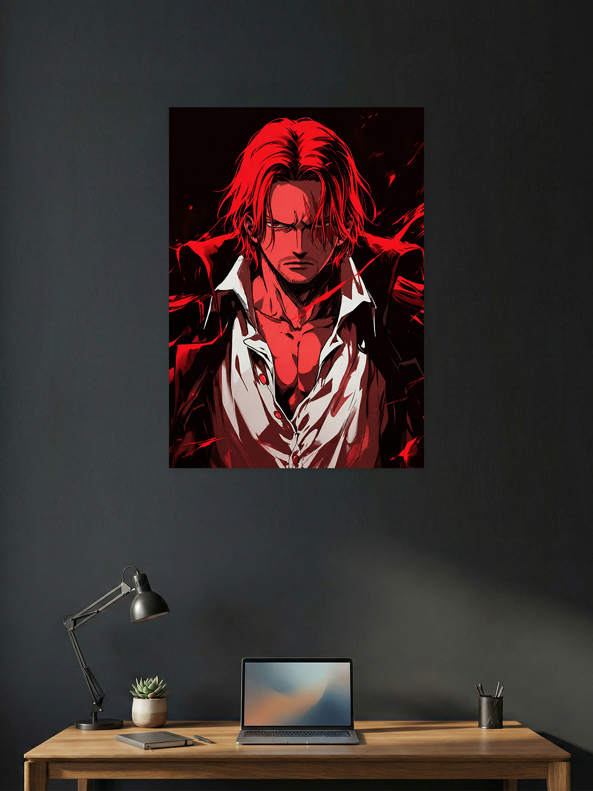 Premium One Piece anime poster featuring Red-Haired Shanks with an intense crimson background, detailed HD artwork, and dramatic lighting for anime wall décor, gaming rooms, and collector displays.