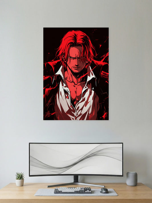 Premium One Piece anime poster featuring Red-Haired Shanks with an intense crimson background, detailed HD artwork, and dramatic lighting for anime wall décor, gaming rooms, and collector displays.