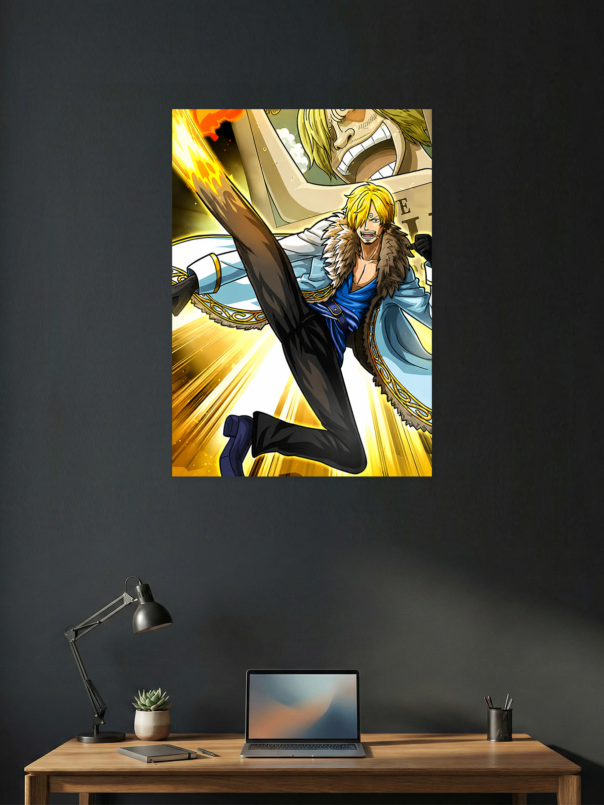 Premium One Piece anime poster featuring Sanji performing his Ifrit Jambe flaming kick with explosive golden energy, vibrant HD artwork, and dynamic action for anime wall décor, gaming rooms, and collector displays.