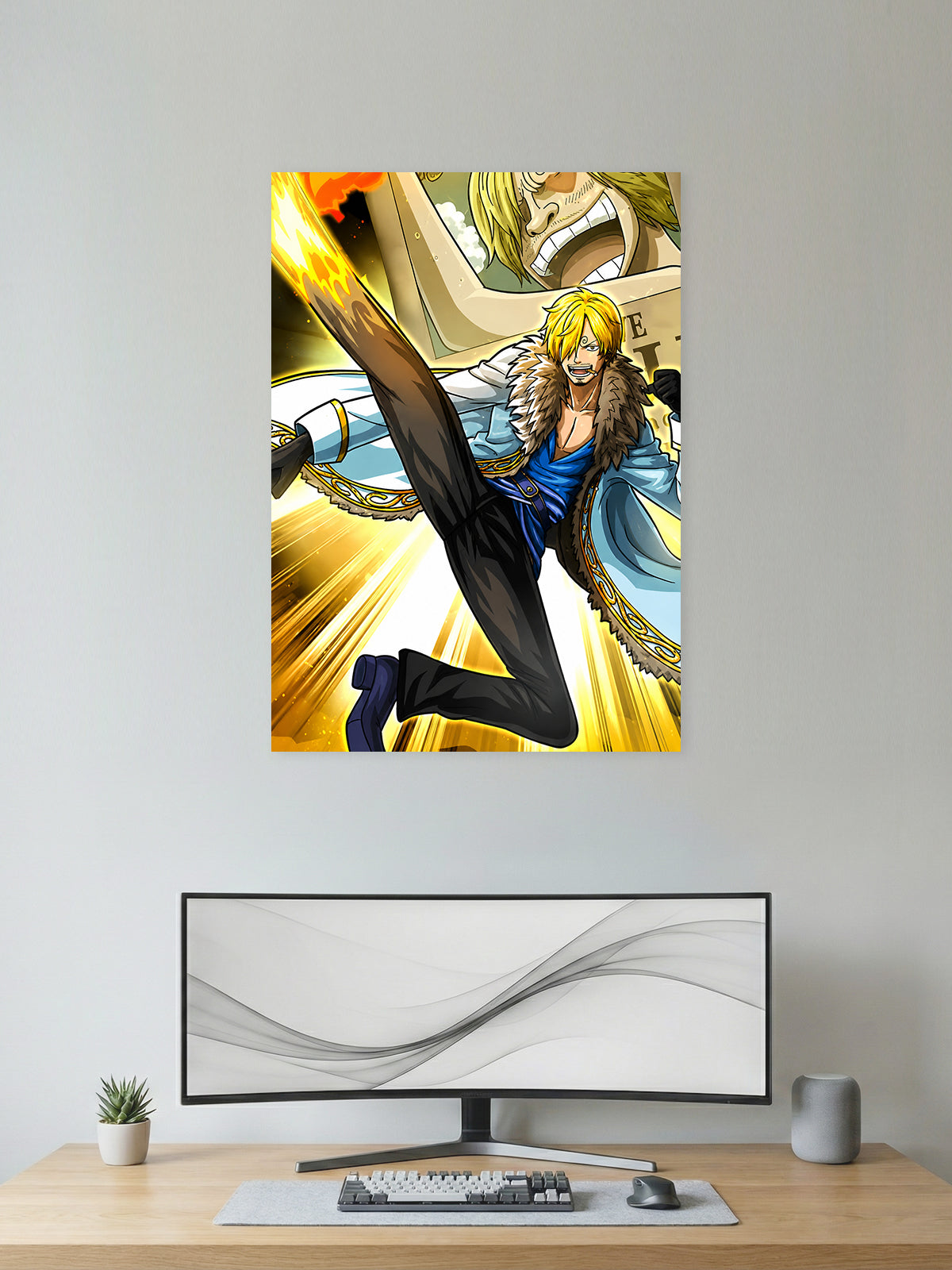 Premium One Piece anime poster featuring Sanji performing his Ifrit Jambe flaming kick with explosive golden energy, vibrant HD artwork, and dynamic action for anime wall décor, gaming rooms, and collector displays.