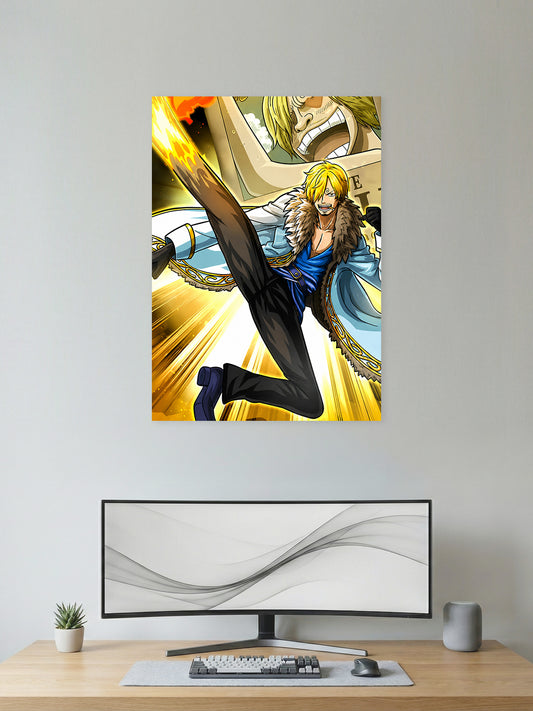 Premium One Piece anime poster featuring Sanji performing his Ifrit Jambe flaming kick with explosive golden energy, vibrant HD artwork, and dynamic action for anime wall décor, gaming rooms, and collector displays.