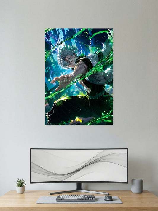 Premium Black Clover anime poster featuring Asta surrounded by glowing green anti-magic energy in dynamic HD artwork, perfect for anime wall décor, gaming rooms, and collector displays.