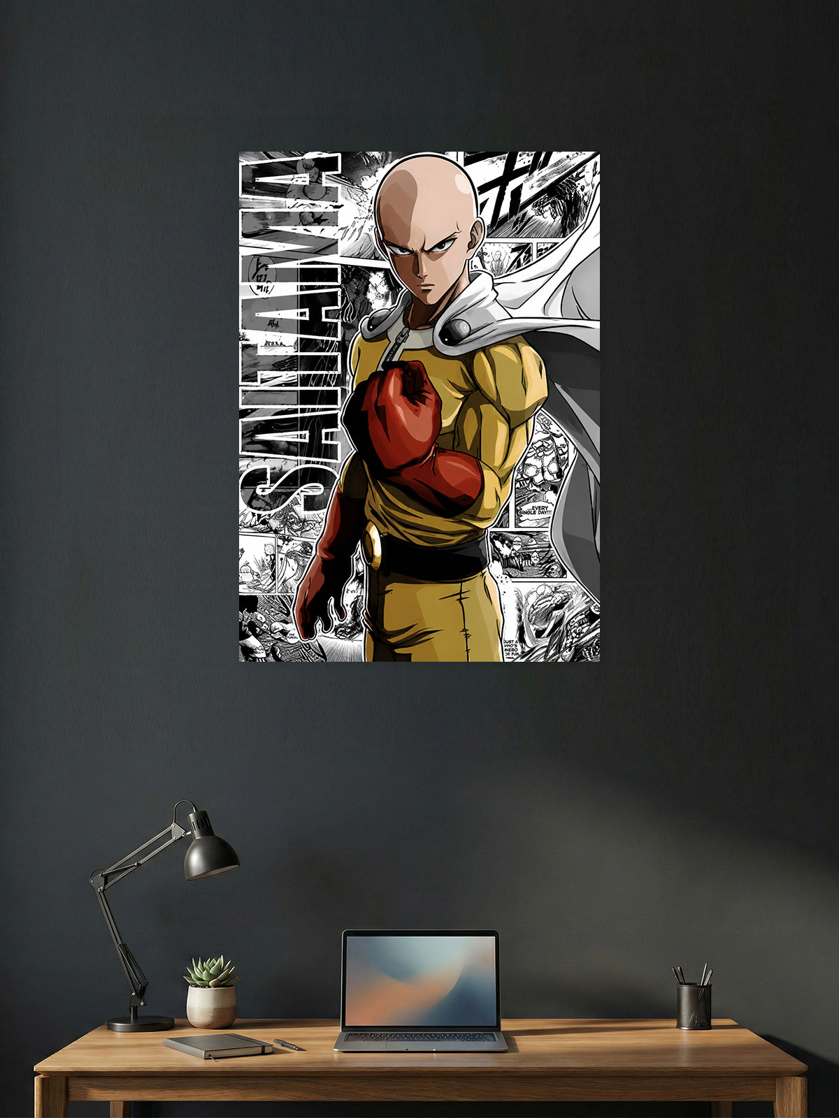 Premium One Punch Man anime poster featuring Saitama in his iconic yellow hero suit with a black-and-white manga panel background, printed in vibrant HD quality for anime wall décor, gaming rooms, and collector displays.