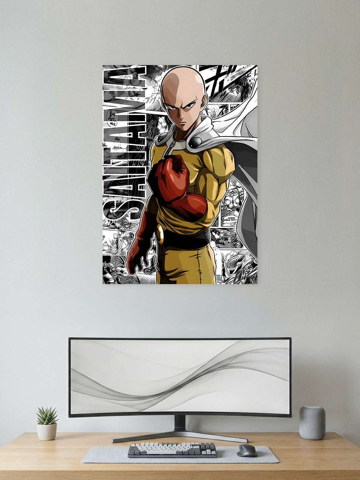 Premium One Punch Man anime poster featuring Saitama in his iconic yellow hero suit with a black-and-white manga panel background, printed in vibrant HD quality for anime wall décor, gaming rooms, and collector displays.
