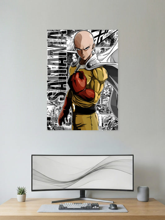 Premium One Punch Man anime poster featuring Saitama in his iconic yellow hero suit with a black-and-white manga panel background, printed in vibrant HD quality for anime wall décor, gaming rooms, and collector displays.