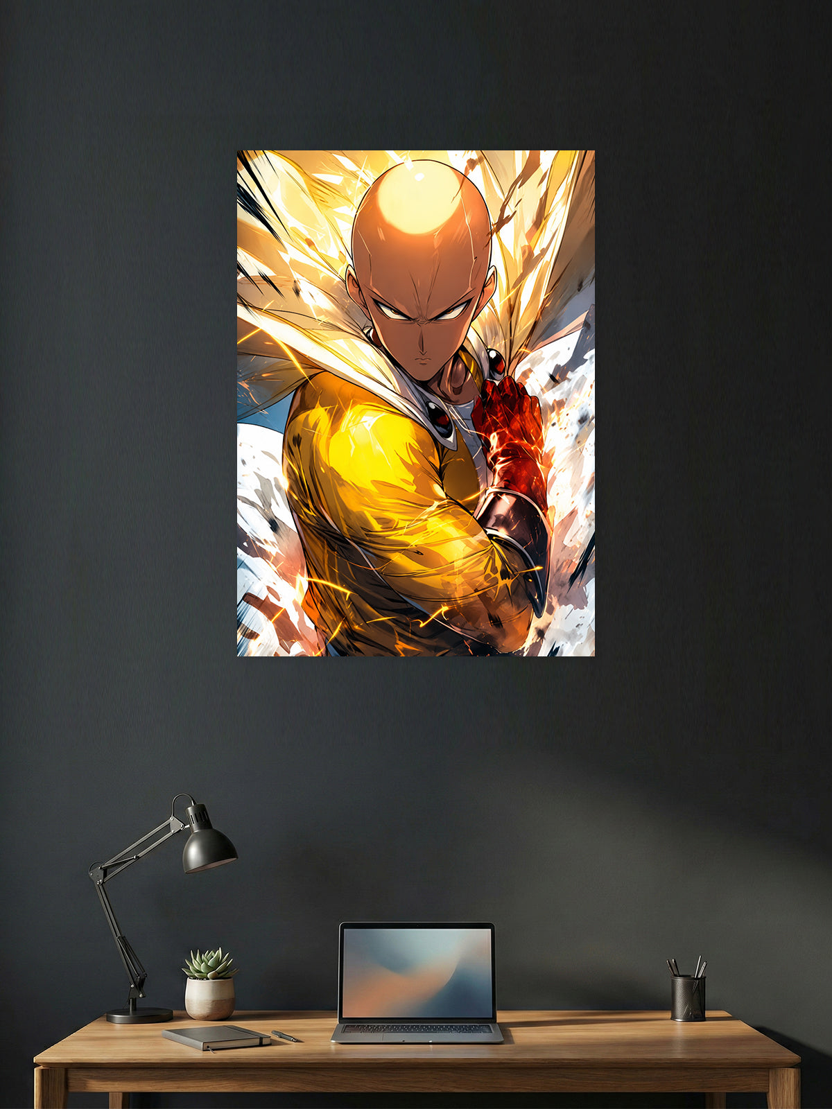 Premium One Punch Man anime poster featuring Saitama in Hero Mode surrounded by explosive golden energy, printed in vibrant HD quality for anime wall décor, gaming rooms, and collector displays.