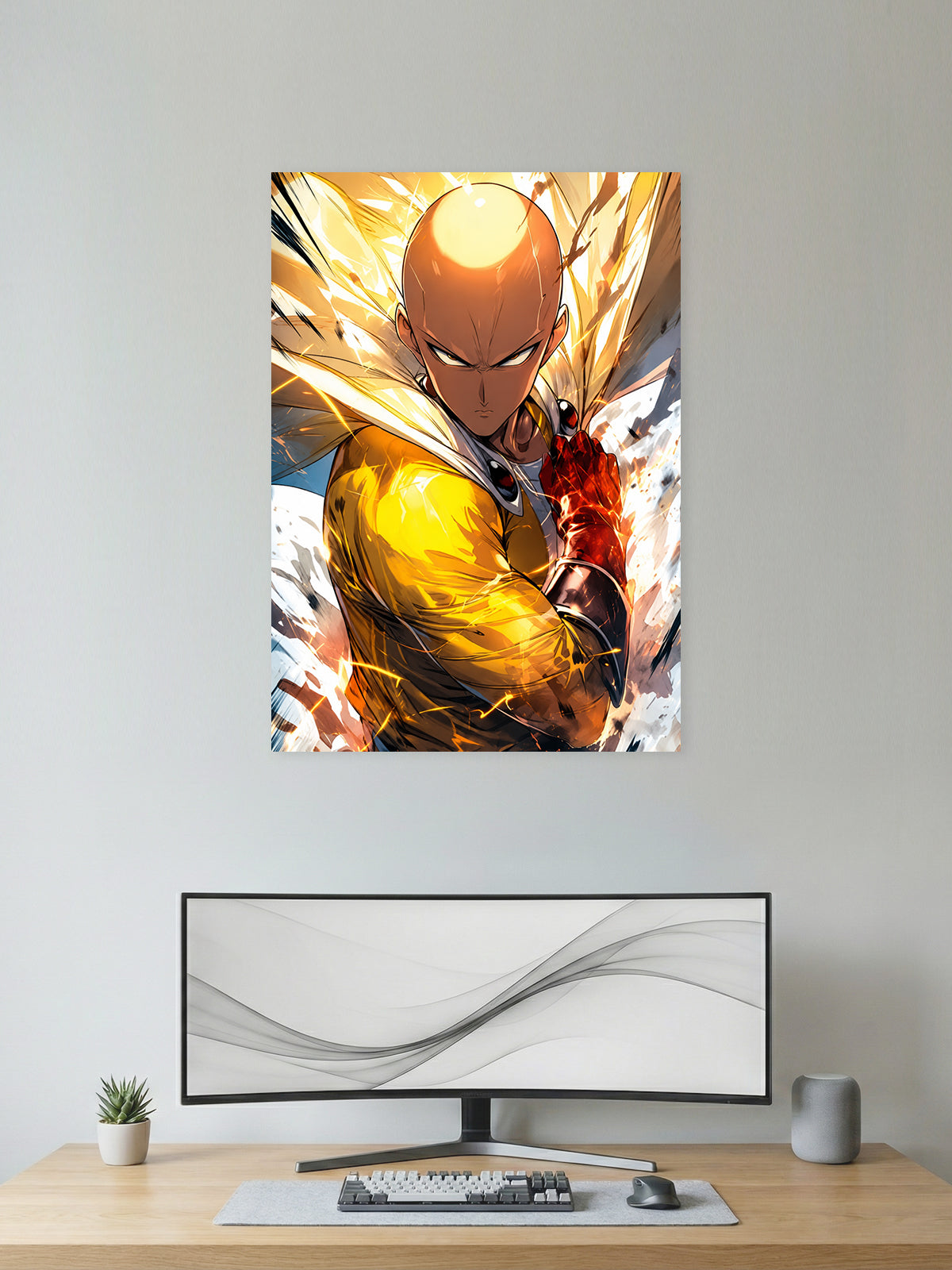 Premium One Punch Man anime poster featuring Saitama in Hero Mode surrounded by explosive golden energy, printed in vibrant HD quality for anime wall décor, gaming rooms, and collector displays.