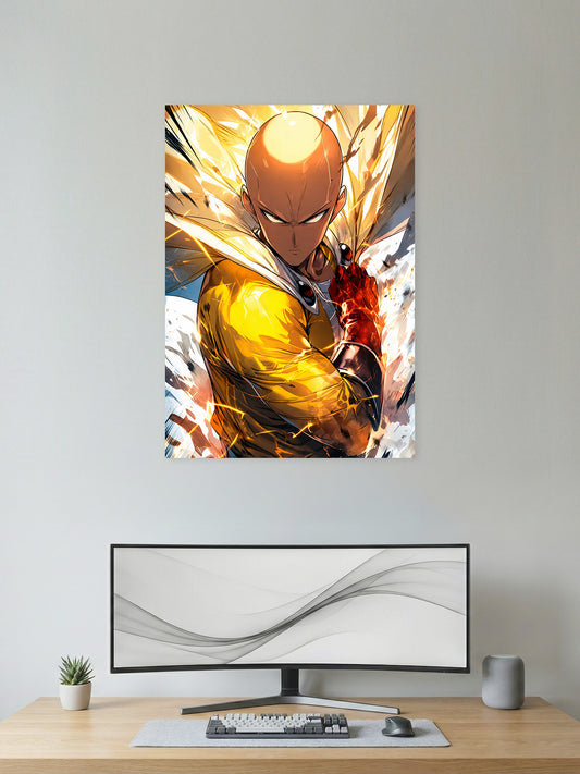 Premium One Punch Man anime poster featuring Saitama in Hero Mode surrounded by explosive golden energy, printed in vibrant HD quality for anime wall décor, gaming rooms, and collector displays.