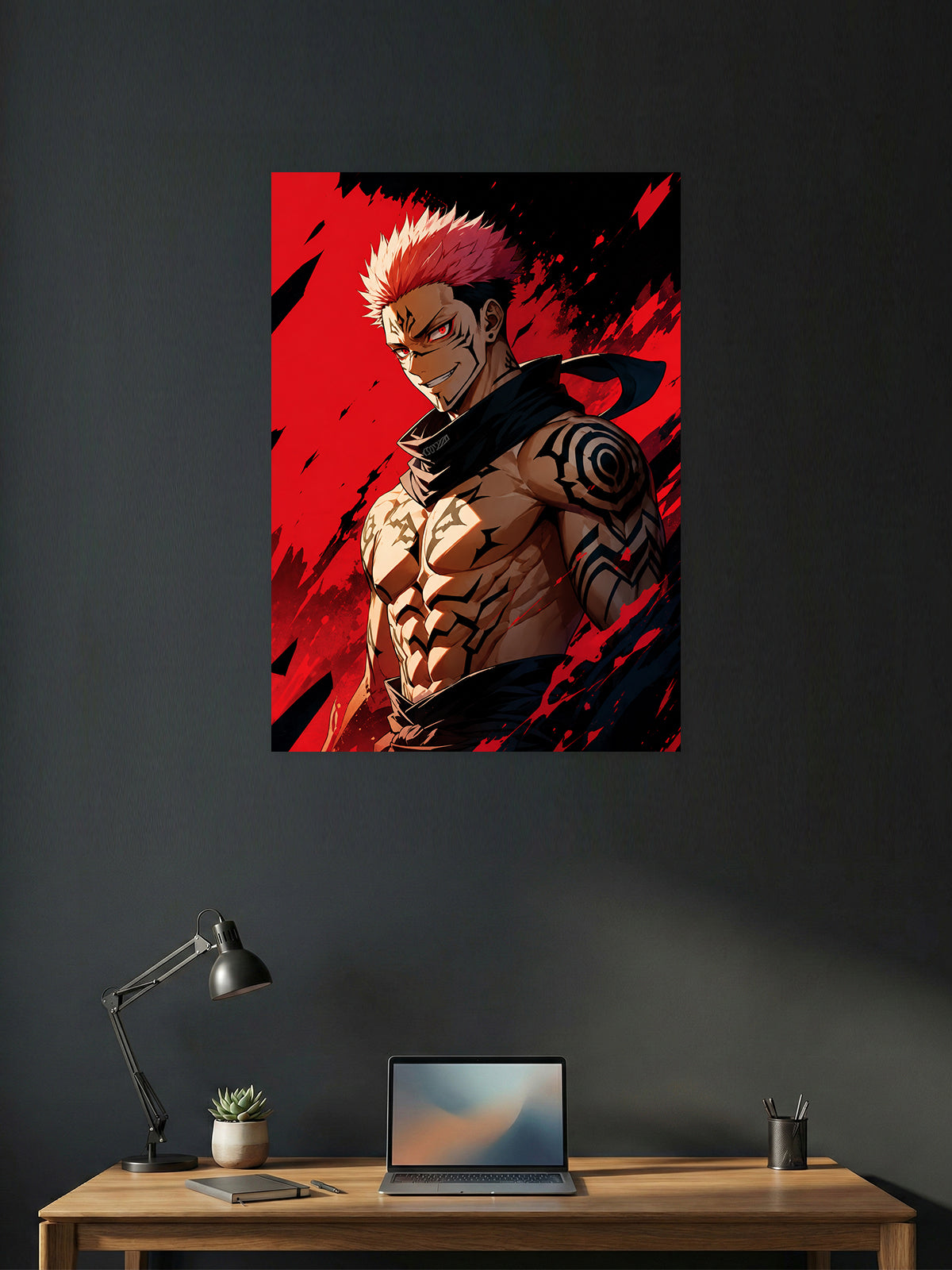 Premium Jujutsu Kaisen anime poster featuring Ryomen Sukuna with cursed markings against a bold red and black background, printed in vibrant HD quality for anime wall décor, gaming rooms, and collector displays.