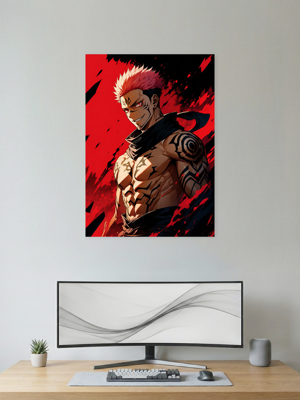 Premium Jujutsu Kaisen anime poster featuring Ryomen Sukuna with cursed markings against a bold red and black background, printed in vibrant HD quality for anime wall décor, gaming rooms, and collector displays.