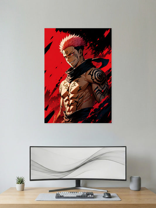 Premium Jujutsu Kaisen anime poster featuring Ryomen Sukuna with cursed markings against a bold red and black background, printed in vibrant HD quality for anime wall décor, gaming rooms, and collector displays.