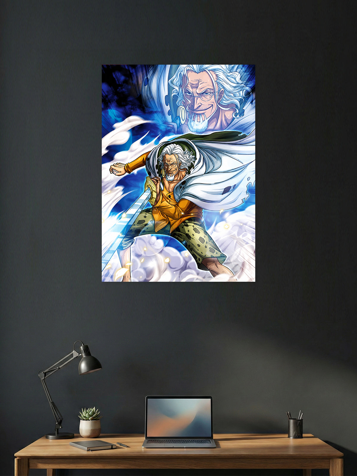 Premium One Piece anime poster featuring Silvers Rayleigh, the Dark King, wielding his sword with powerful blue energy effects in vibrant HD quality for gaming rooms, bedrooms, and anime wall décor.