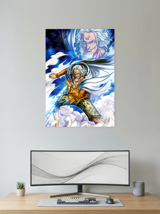 Premium One Piece anime poster featuring Silvers Rayleigh, the Dark King, wielding his sword with powerful blue energy effects in vibrant HD quality for gaming rooms, bedrooms, and anime wall décor.